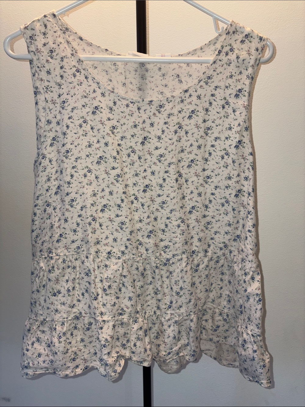 Shabby Chic Cream Tank with Delicate Blue Floral Print and Ruffle Hem